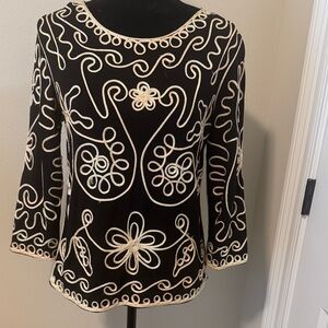 Vintage Chic Black and Cream Embroidered Women's Blouse